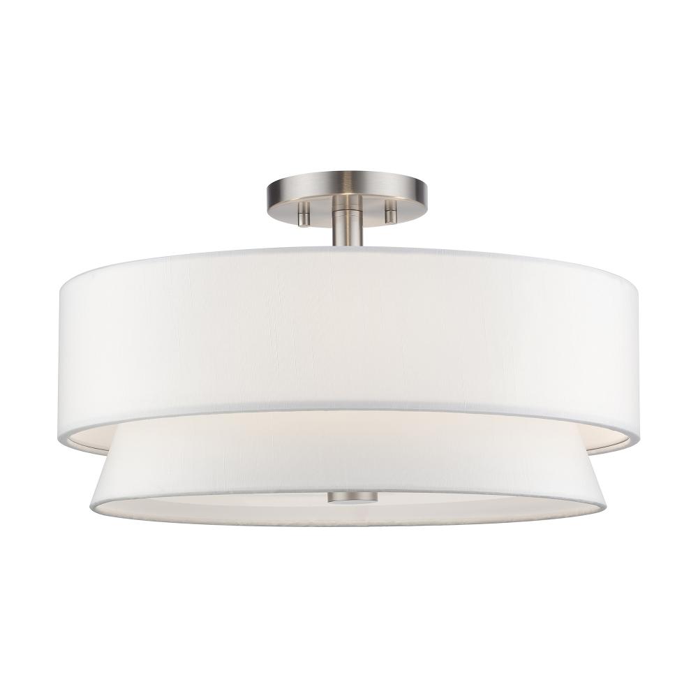 4 Light Brushed Nickel Large Semi-Flush with Hand Crafted Off-White Fabric Hardback Shades