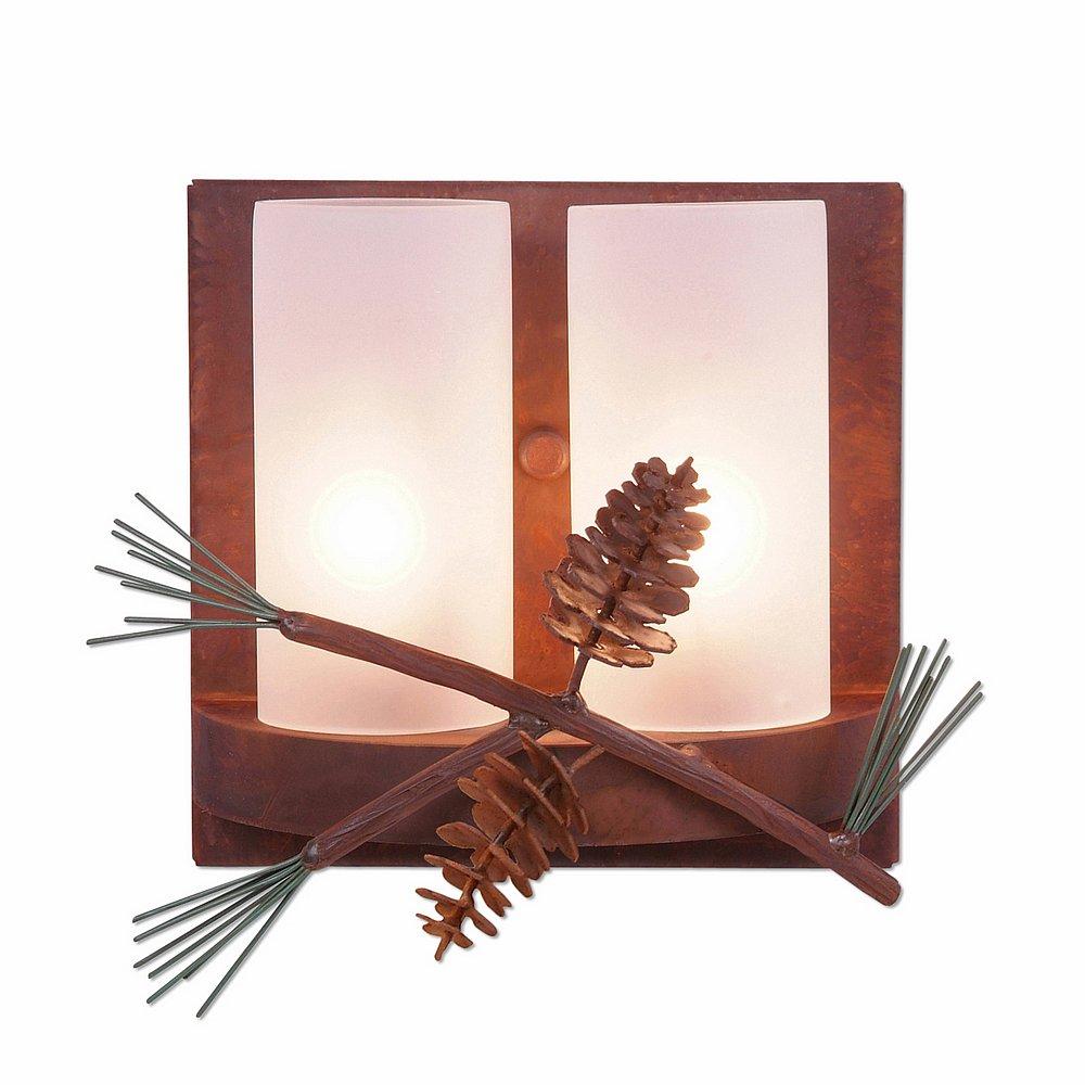 Wisley Double Sconce - Pine Cone - Frosted Glass Bowl - Pine Tree Green-Rust Patina base Finish