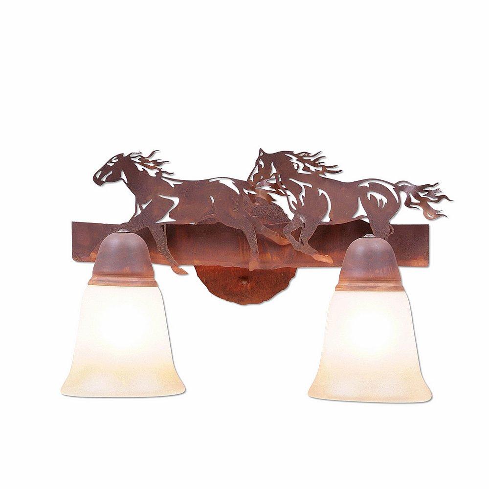 Lakeside Double Bath Vanity Light - Horse - Two-Toned Amber Cream Bell Glass - Rust Patina Finish