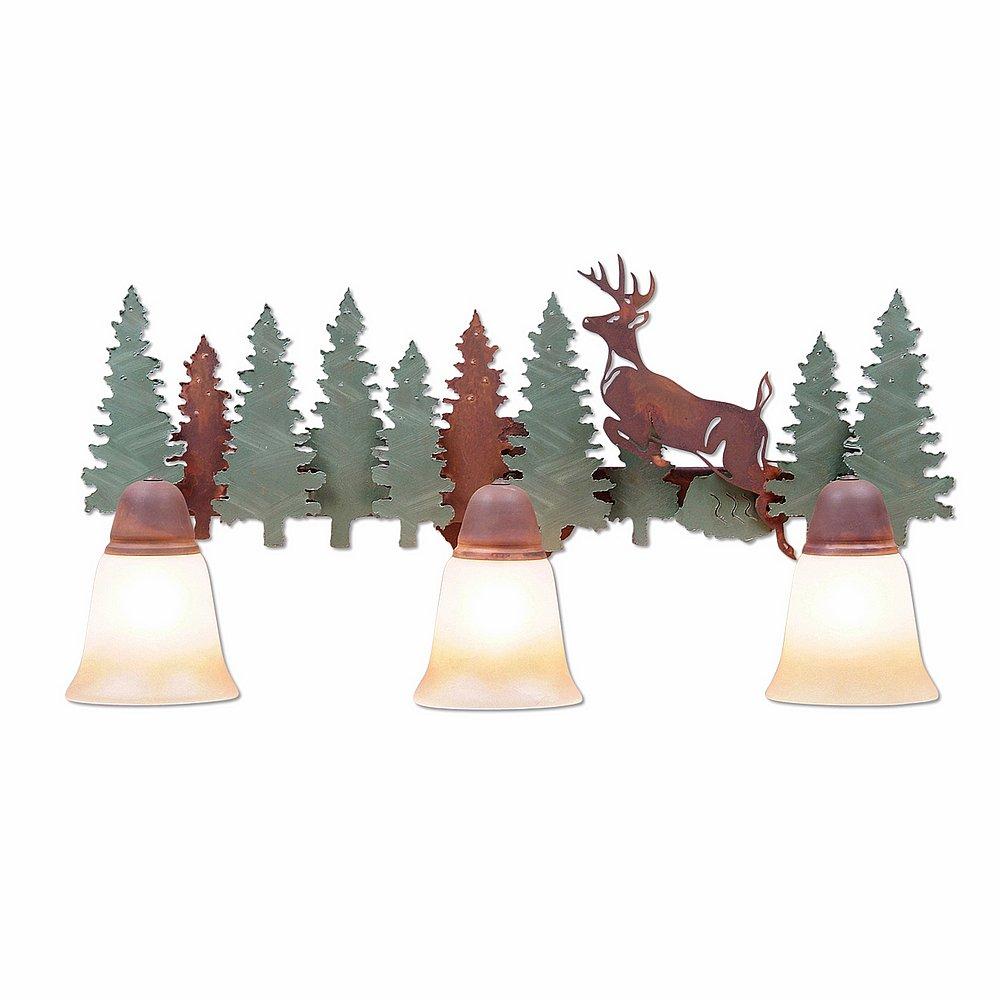 Lakeside Triple Bath Vanity Light - Deer - Two-Toned Amber Cream Bell Glass - Pine Tree Green