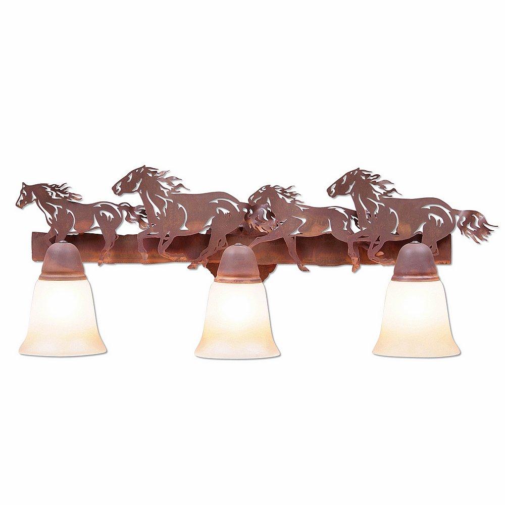 Lakeside Triple Bath Vanity Light - Horse - Two-Toned Amber Cream Bell Glass - Rust Patina Finish