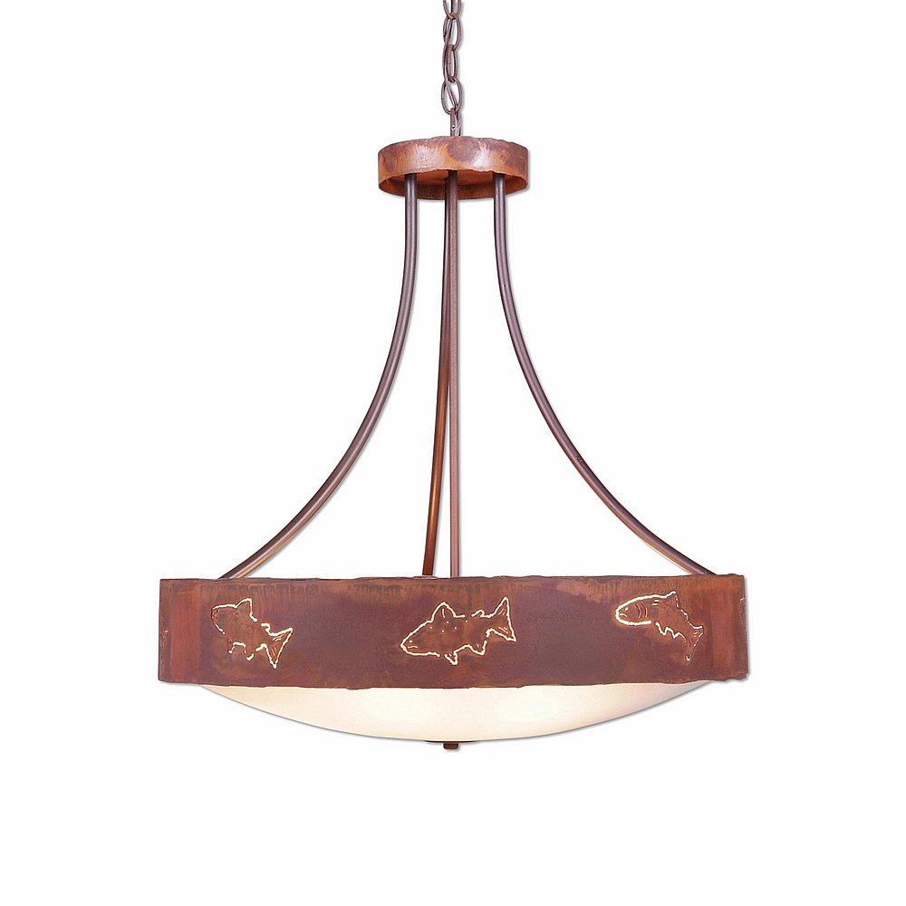 Ridgemont Chandelier Small - Bowl Bottom - Fish Cutout - Frosted Glass Bowl - Rust Patina Finish