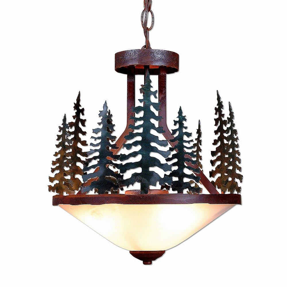 Wisley Foyer Chandelier - Cedar Tree - Frosted Glass Bowl - Cedar Green-Rust Patina base Finish