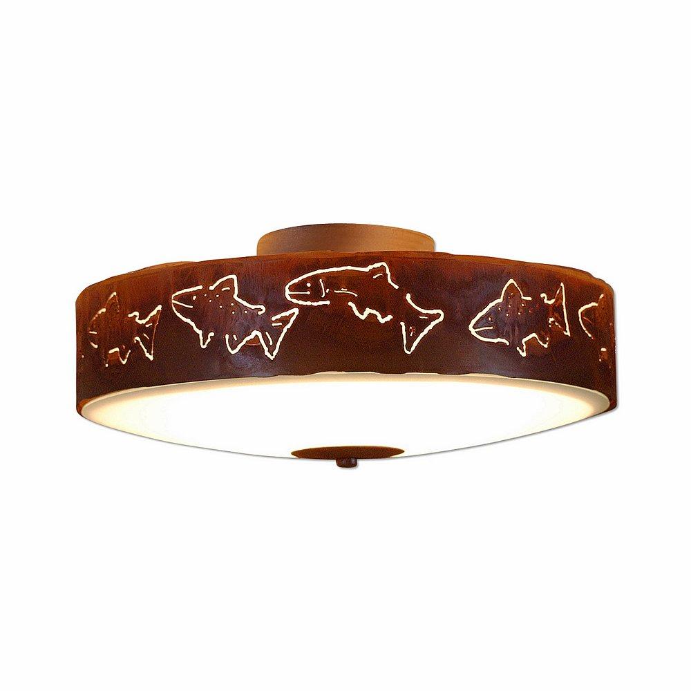 Ridgewood Close-to-Ceiling Large - Fish Cutout - Frosted Glass Bowl - Rust Patina Finish