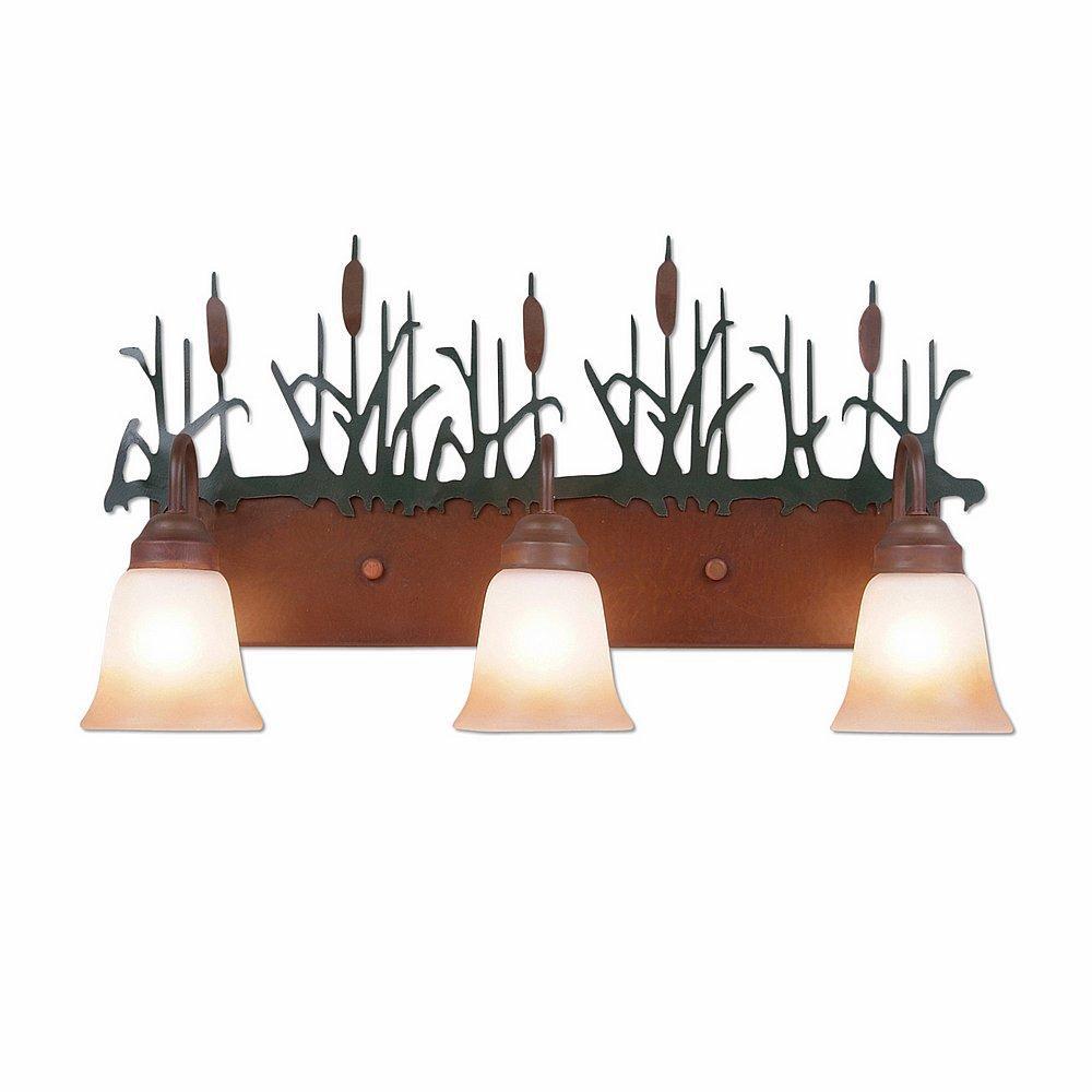 Wasatch Triple Bath Vanity Light - Cattails - Two-Toned Amber Cream Bell Glass - Cedar Green