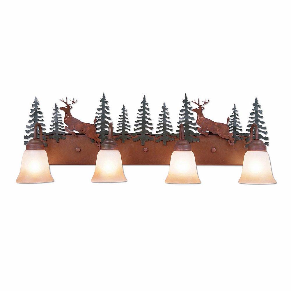 Wasatch Quad Bath Vanity Light - Valley Deer - Two-Toned Amber Cream Bell Glass - Cedar Green