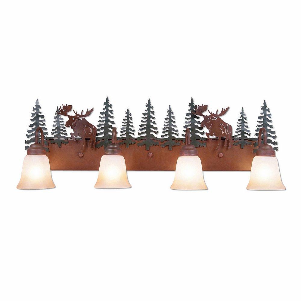 Wasatch Quad Bath Vanity Light - Alaska Moose - Two-Toned Amber Cream Bell Glass - Cedar Green