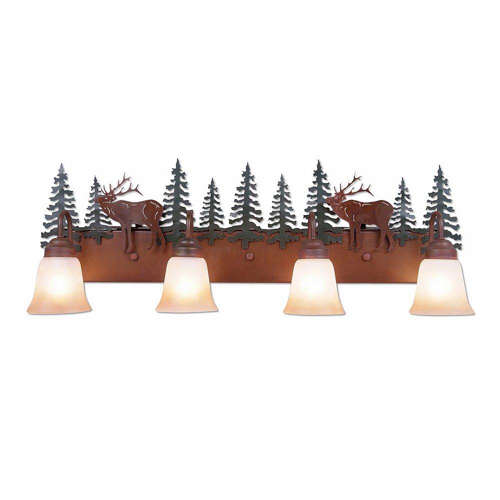 Wasatch Quad Bath Vanity Light - Mountain Elk - Two-Toned Amber Cream Bell Glass - Cedar Green