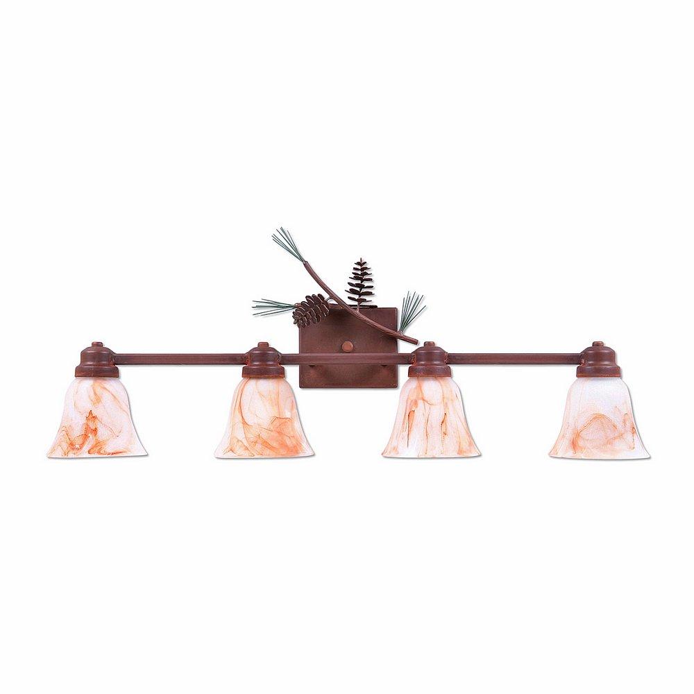 Parkshire Quad Bath Vanity Light - Pine Cone - Marbled Amber Swirl Bell Glass - Pine Tree Green