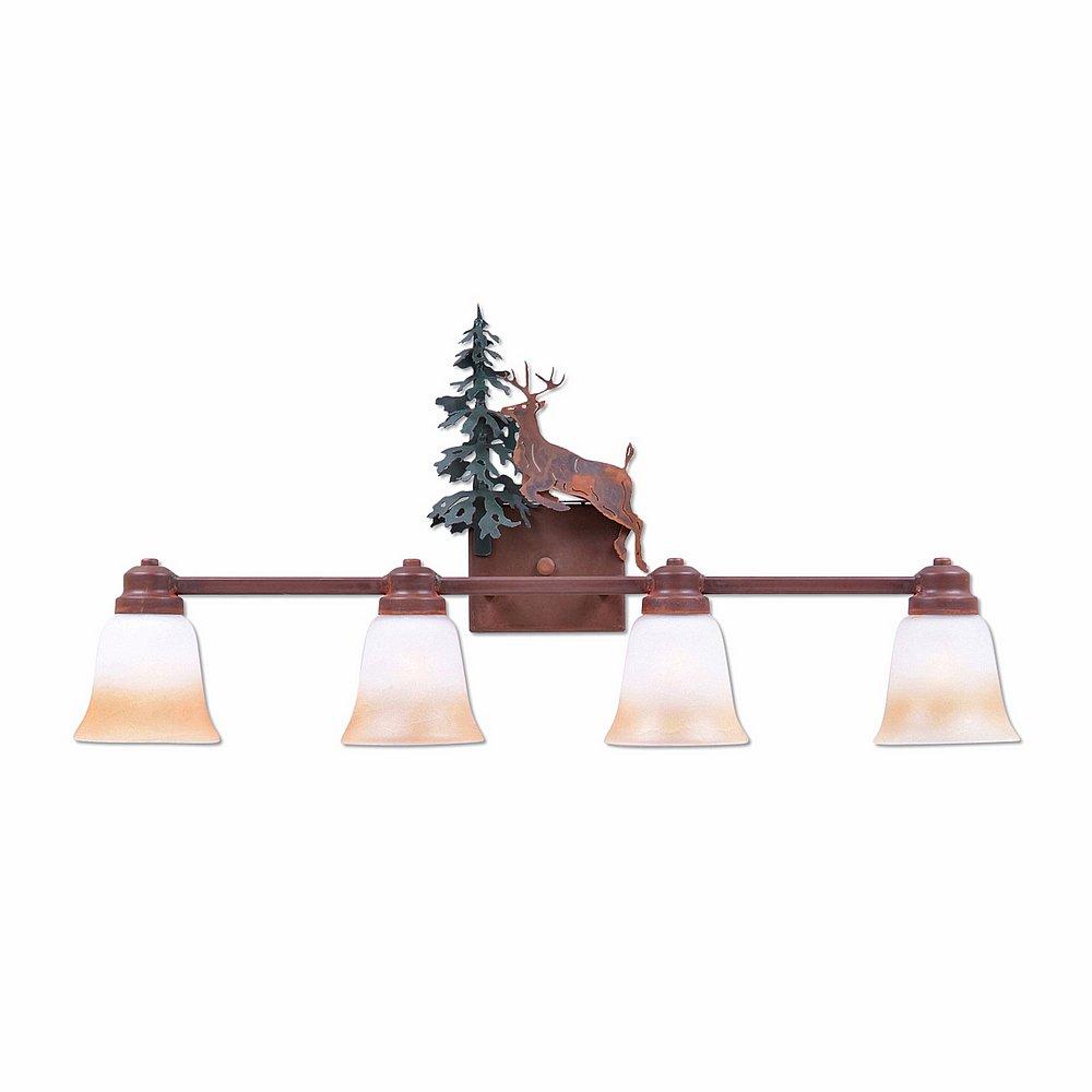 Parkshire Quad Bath Vanity Light - Valley Deer - Two-Toned Amber Cream Bell Glass - Cedar Green