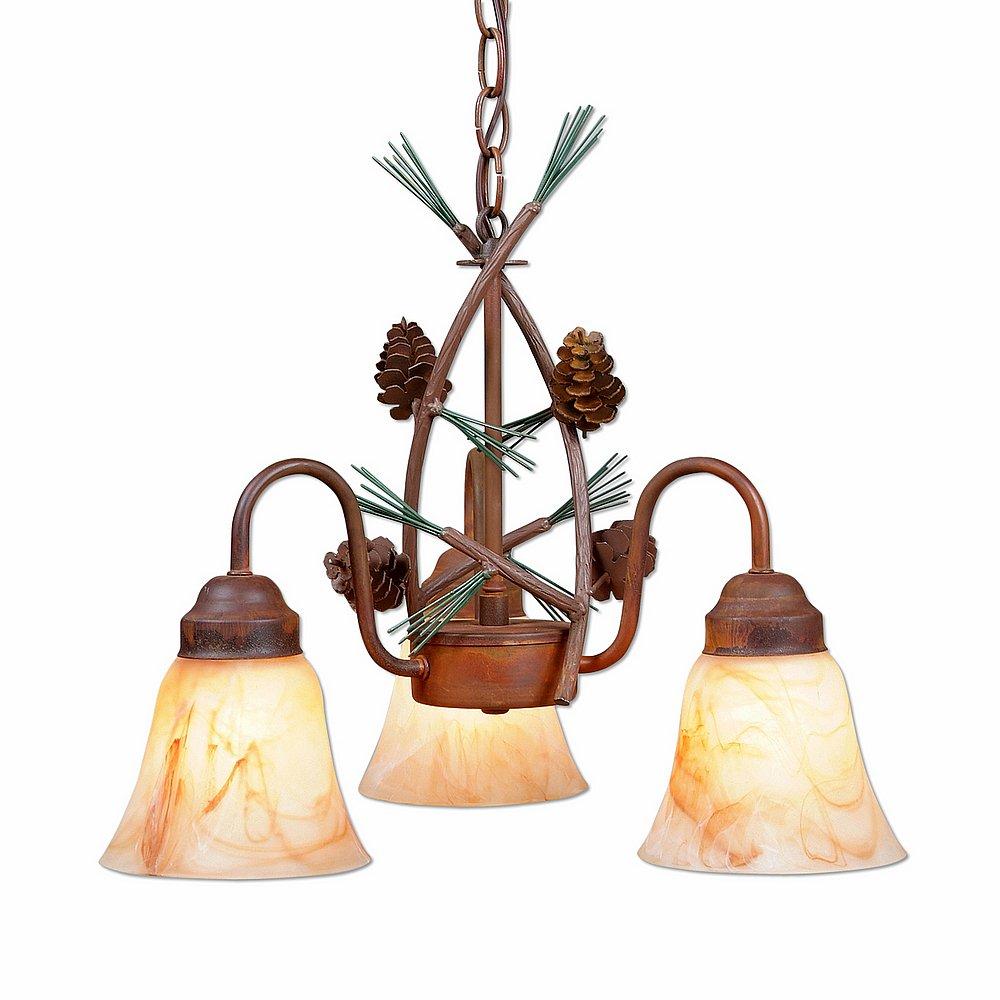 Sierra Mini-Chandelier - Pine Cone - Marbled Amber Swirl Bell Glass - Pine Tree Green