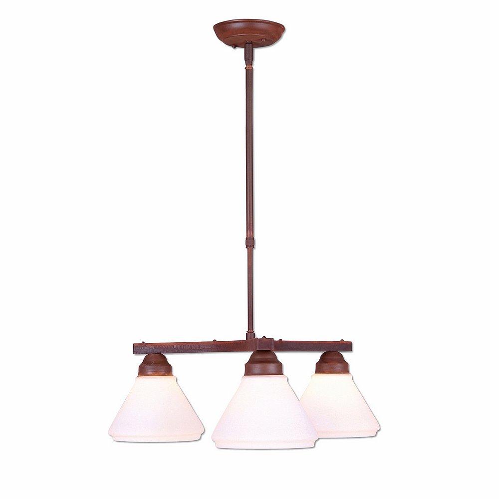 Cedarwood Chandelier 3 light - Rustic Plain - Opal White Cone Glass - Rust Patina Finish