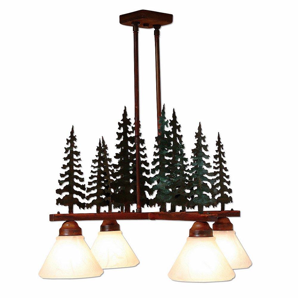 Cedarwood Chandelier 4 light - Cedar Tree - Opal White Cone Glass - Cedar Green