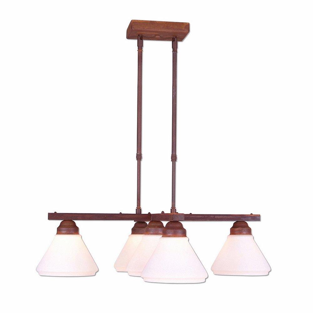 Cedarwood Chandelier 5 light - Rustic Plain - Opal White Cone Glass - Rust Patina Finish