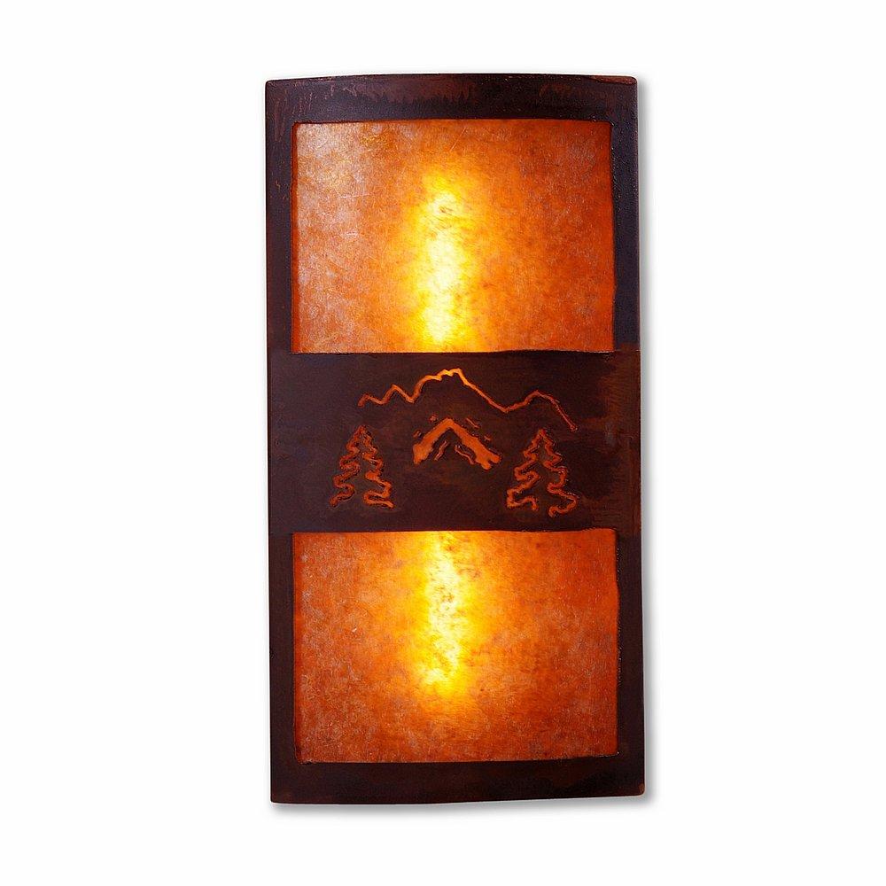 Benton Sconce - Mountain-Pine Tree Cutouts - Amber Mica Shade - Rust Patina Finish