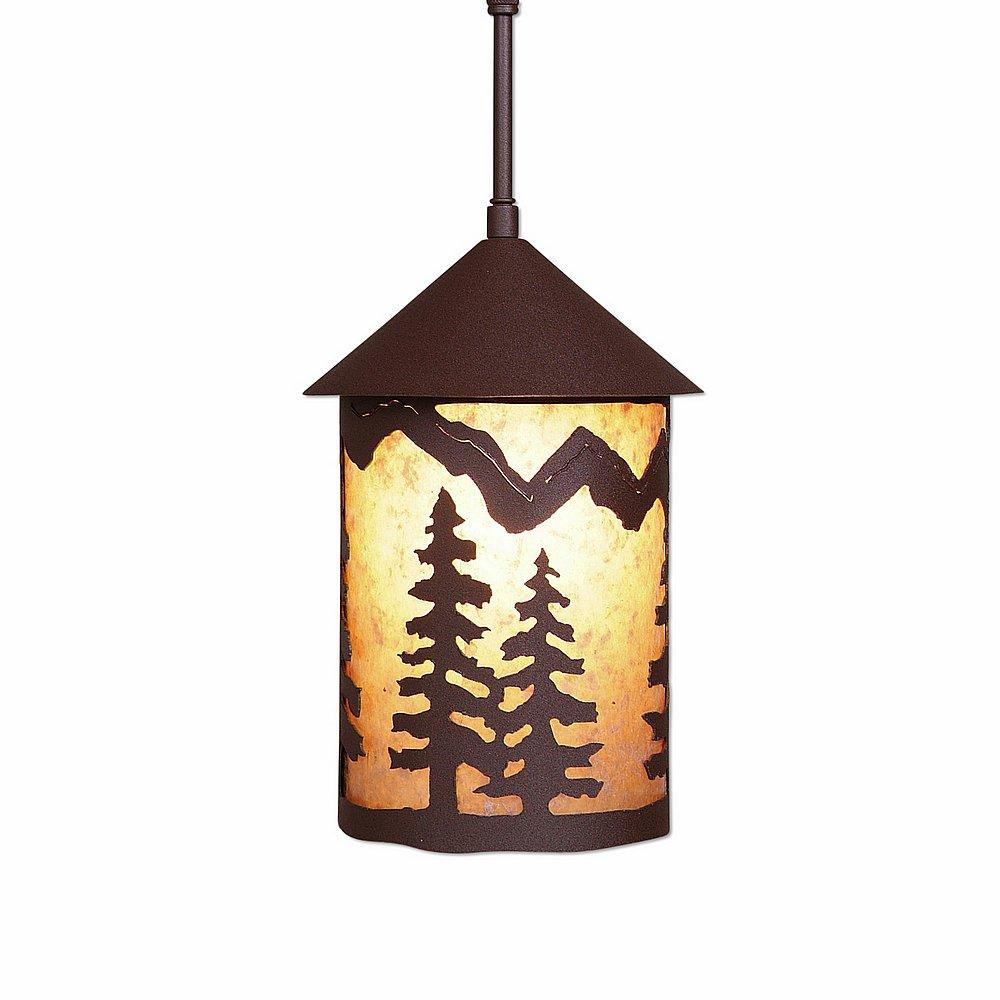 Cascade Pendant Medium - Spruce Tree - Almond Mica Shade - Rustic Brown Finish - Adjustable Stem