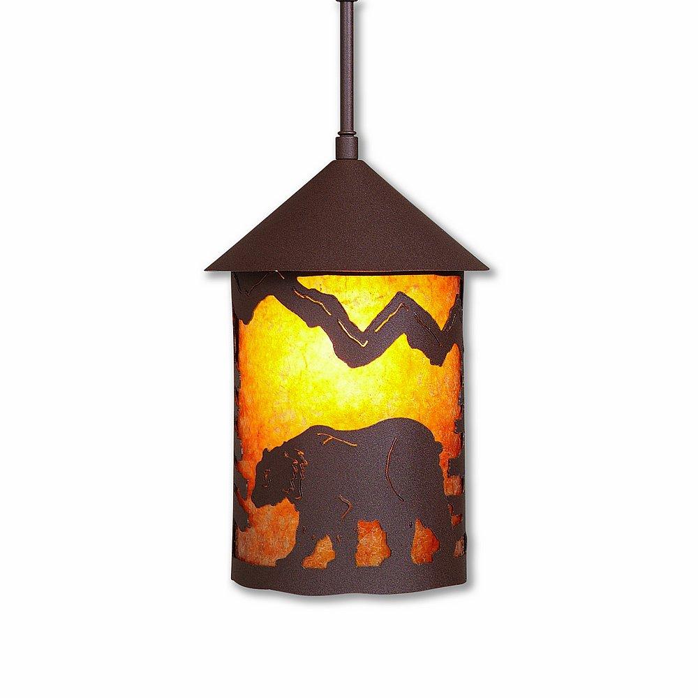 Cascade Pendant Medium - Mountain Bear - Amber Mica Shade - Rustic Brown Finish - Adjustable Stem