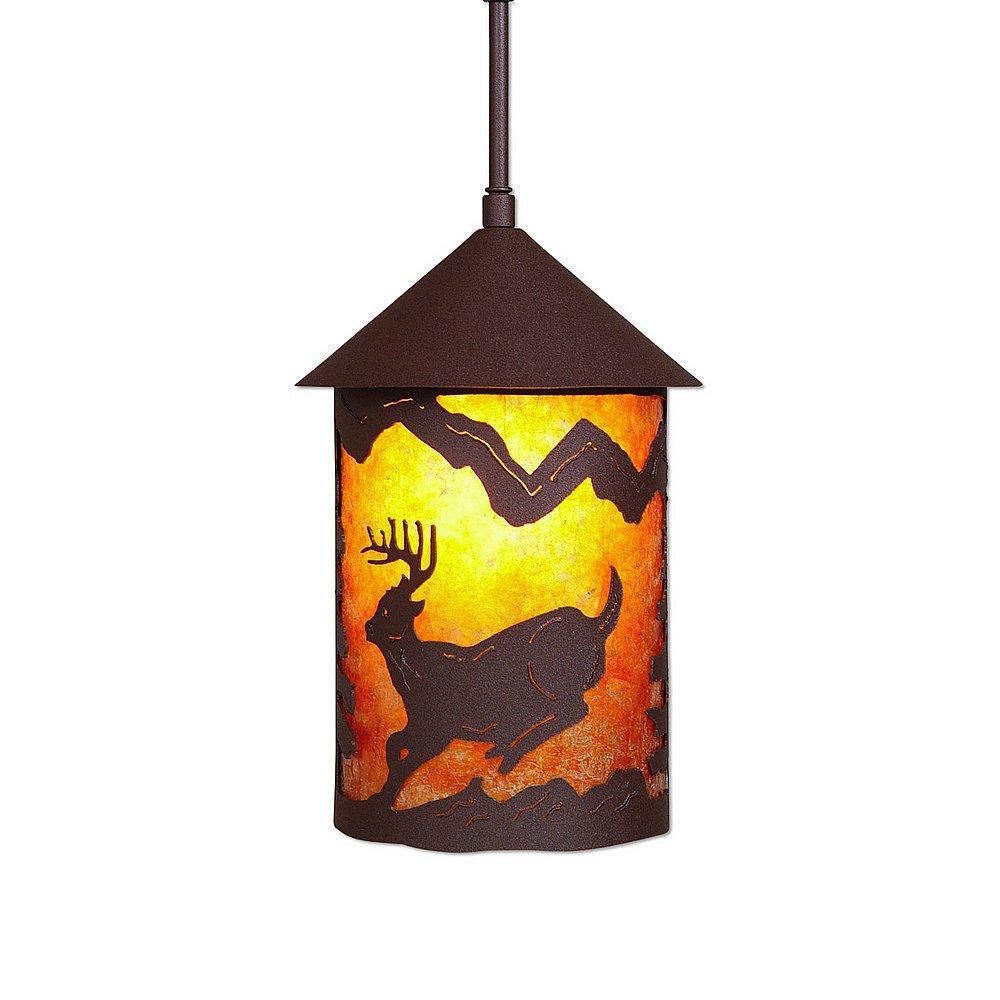 Cascade Pendant Medium - Mountain Deer - Amber Mica Shade - Rustic Brown Finish - Adjustable Stem