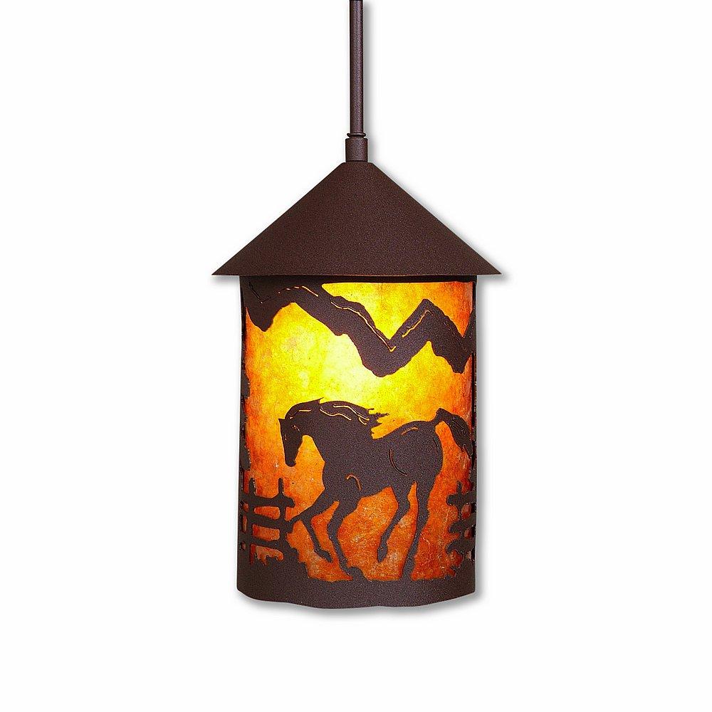 Cascade Pendant Medium - Mountain Horse - Amber Mica Shade - Rustic Brown Finish - Adjustable Stem