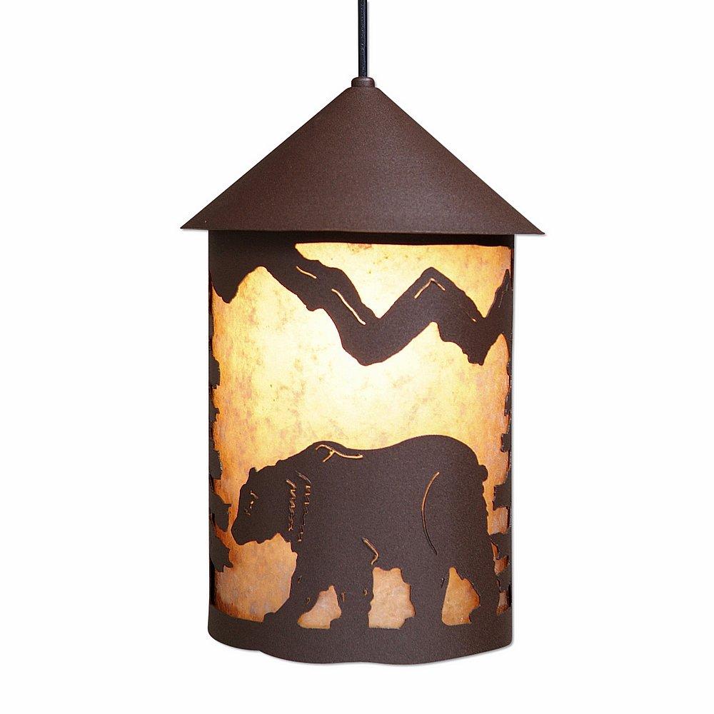 Cascade Pendant Large - Mountain Bear - Almond Mica Shade - Rustic Brown Finish - Adjustable Stem