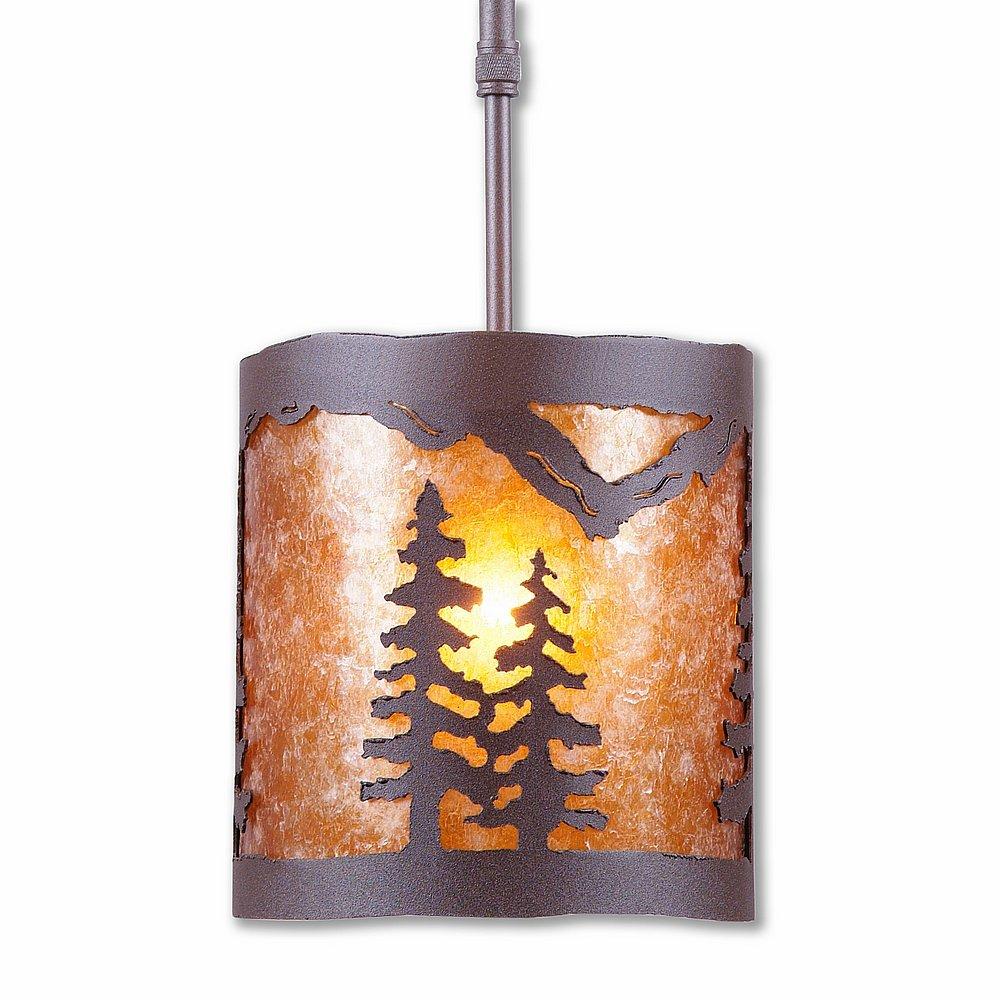 Kincaid Pendant Small - Spruce Tree - Amber Mica Shade - Rustic Brown Finish - Adjustable Stem