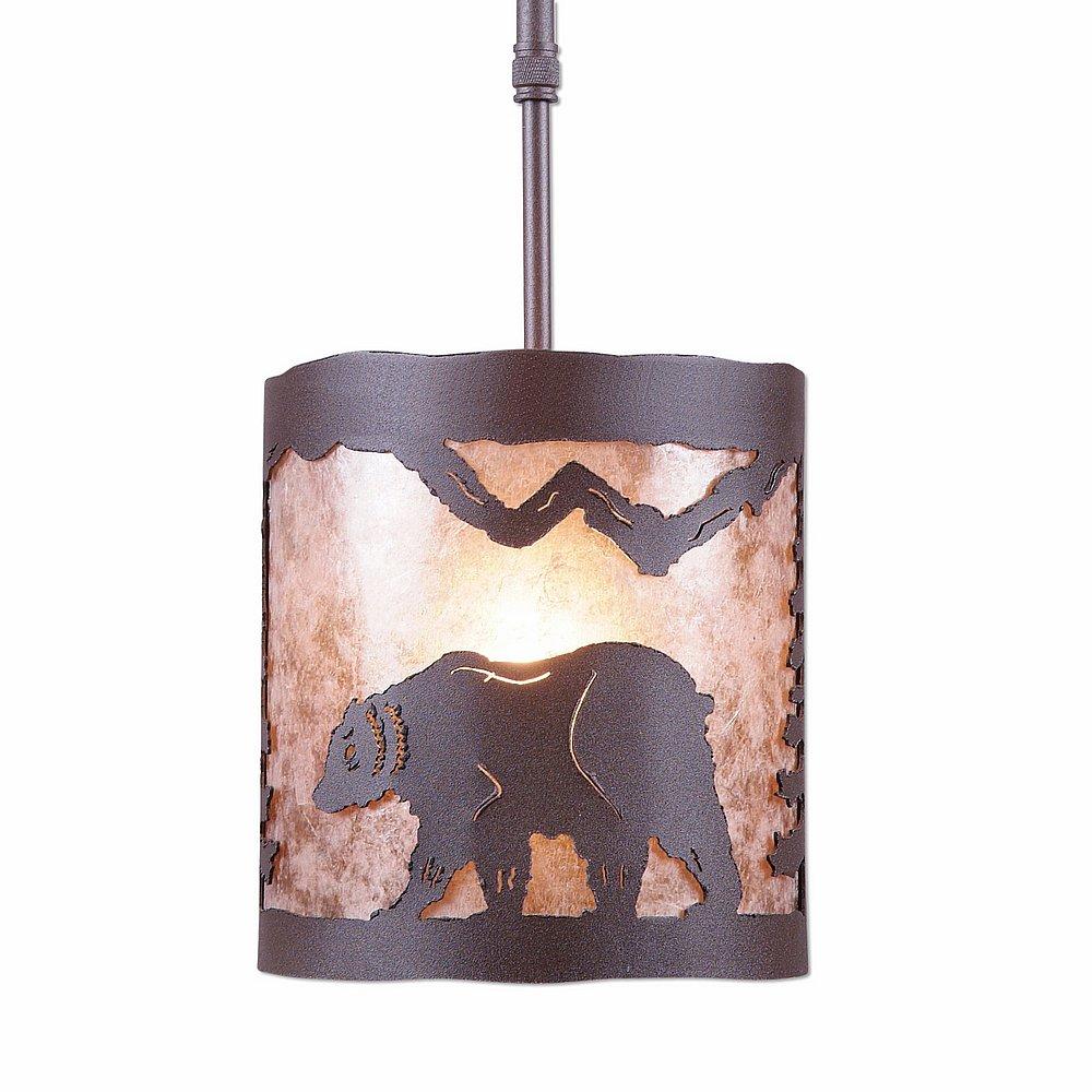 Kincaid Pendant Small - Mountain Bear - Almond Mica Shade - Rustic Brown Finish - Adjustable Stem