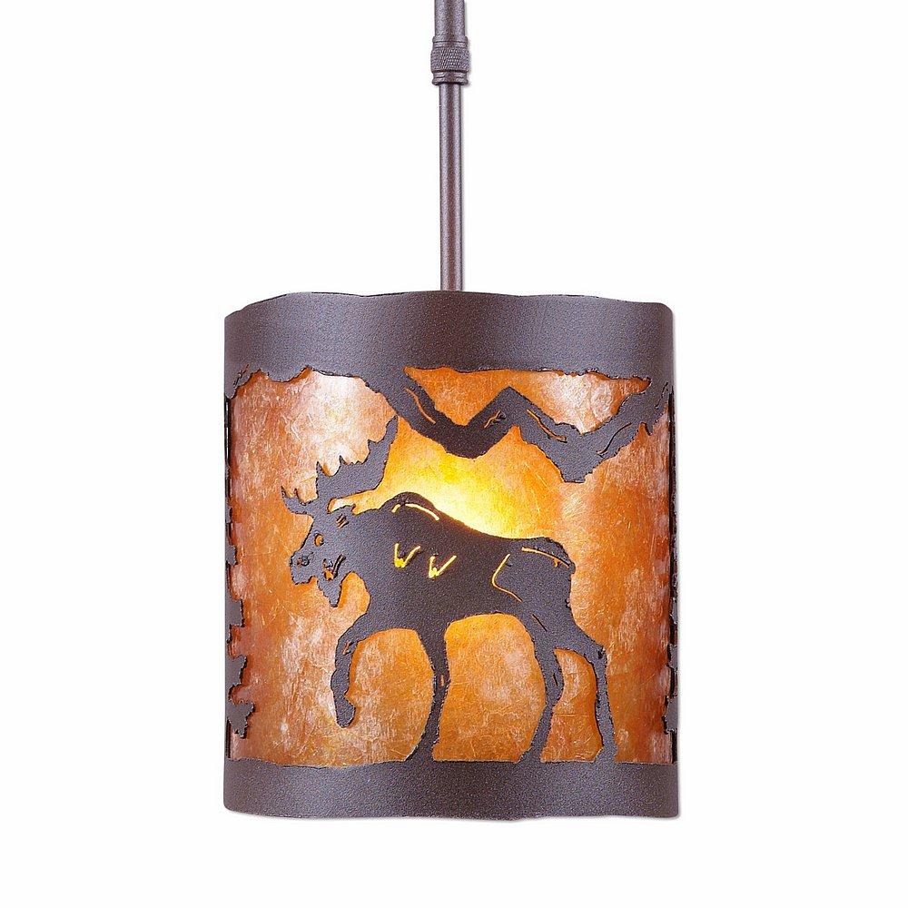 Kincaid Pendant Small - Mountain Moose - Amber Mica Shade - Rustic Brown Finish - Adjustable Stem