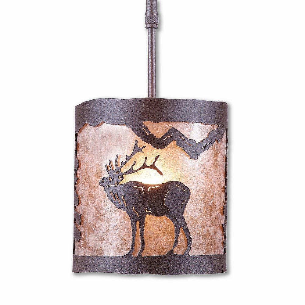 Kincaid Pendant Small - Mountain Elk - Almond Mica Shade - Rustic Brown Finish - Adjustable Stem