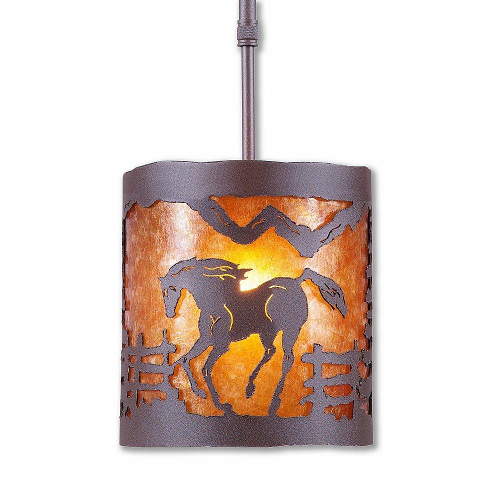 Kincaid Pendant Small - Mountain Horse - Amber Mica Shade - Rustic Brown Finish - Adjustable Stem