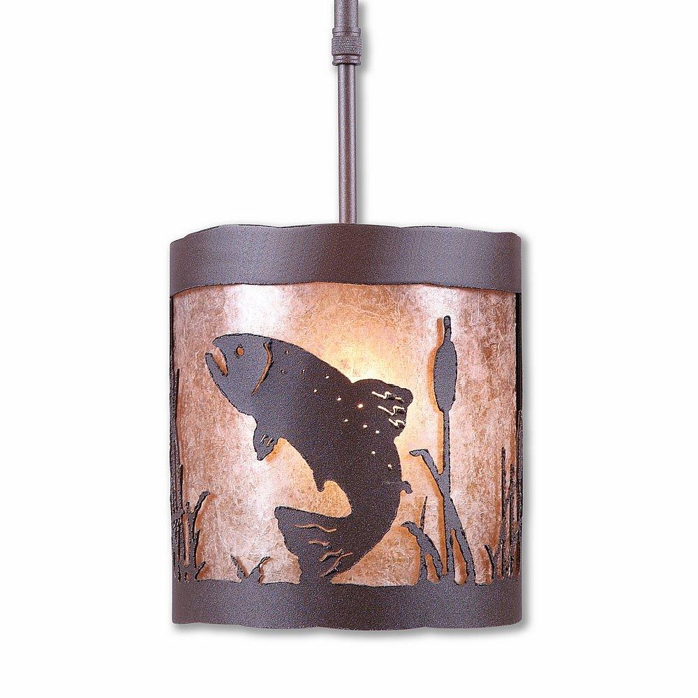 Kincaid Pendant Small - Trout - Almond Mica Shade - Rustic Brown Finish - Adjustable Stem