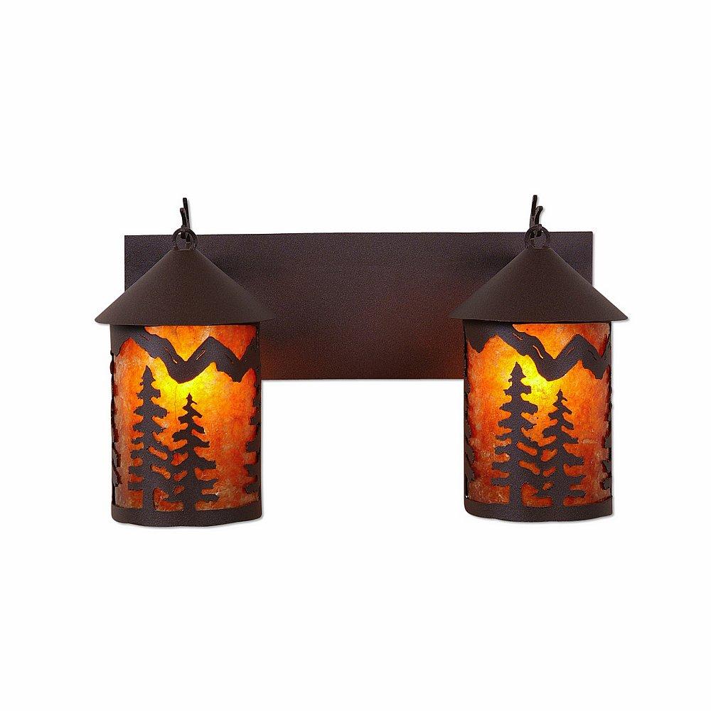 Cascade Double Bath Vanity Light - Spruce Tree - Amber Mica Shade - Rustic Brown Finish