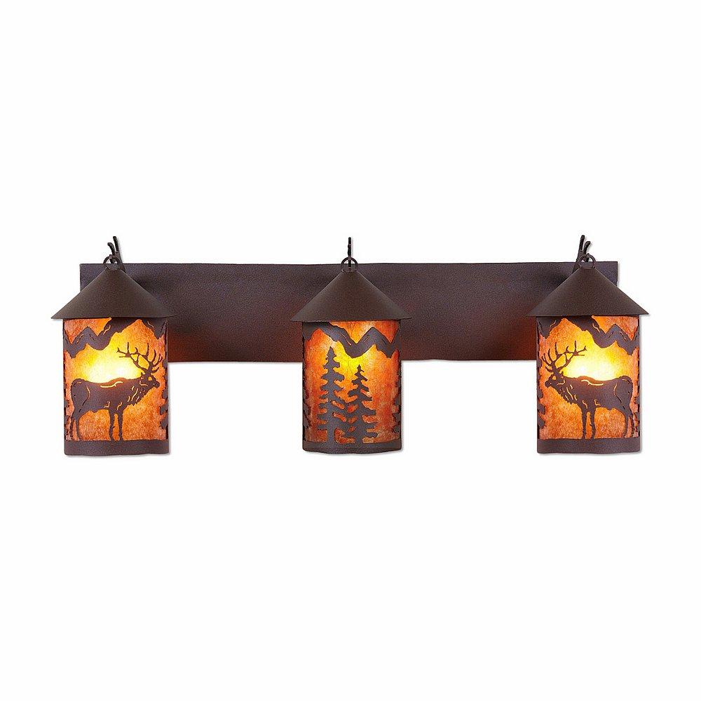 Cascade Triple Bath Vanity Light - Valley Elk - Amber Mica Shade - Rustic Brown Finish