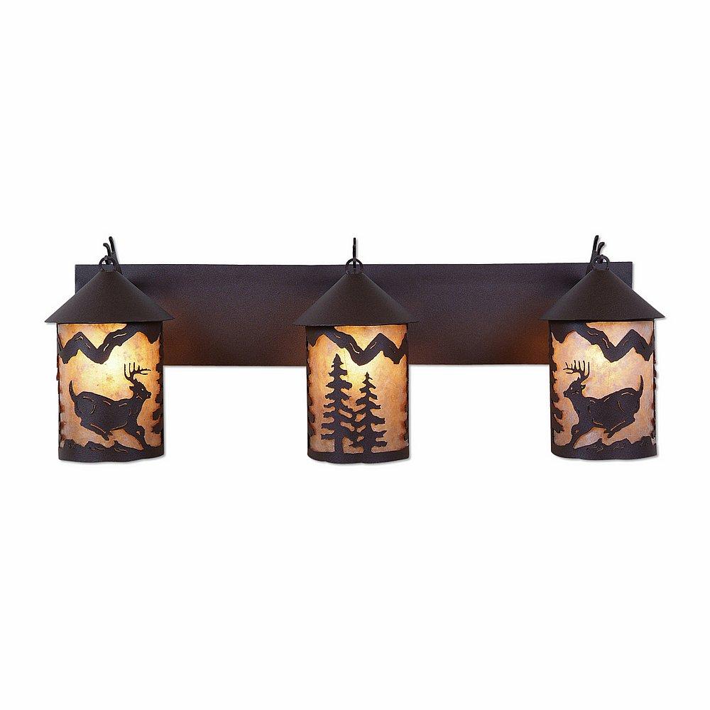 Cascade Triple Bath Vanity Light - Mountain Deer - Almond Mica Shade - Rustic Brown Finish