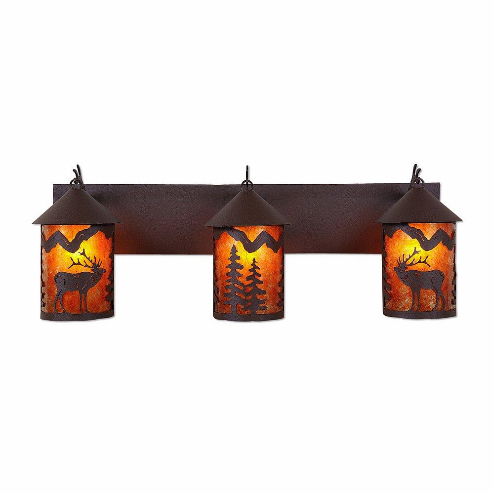 Cascade Triple Bath Vanity Light - Mountain Elk - Amber Mica Shade - Rustic Brown Finish