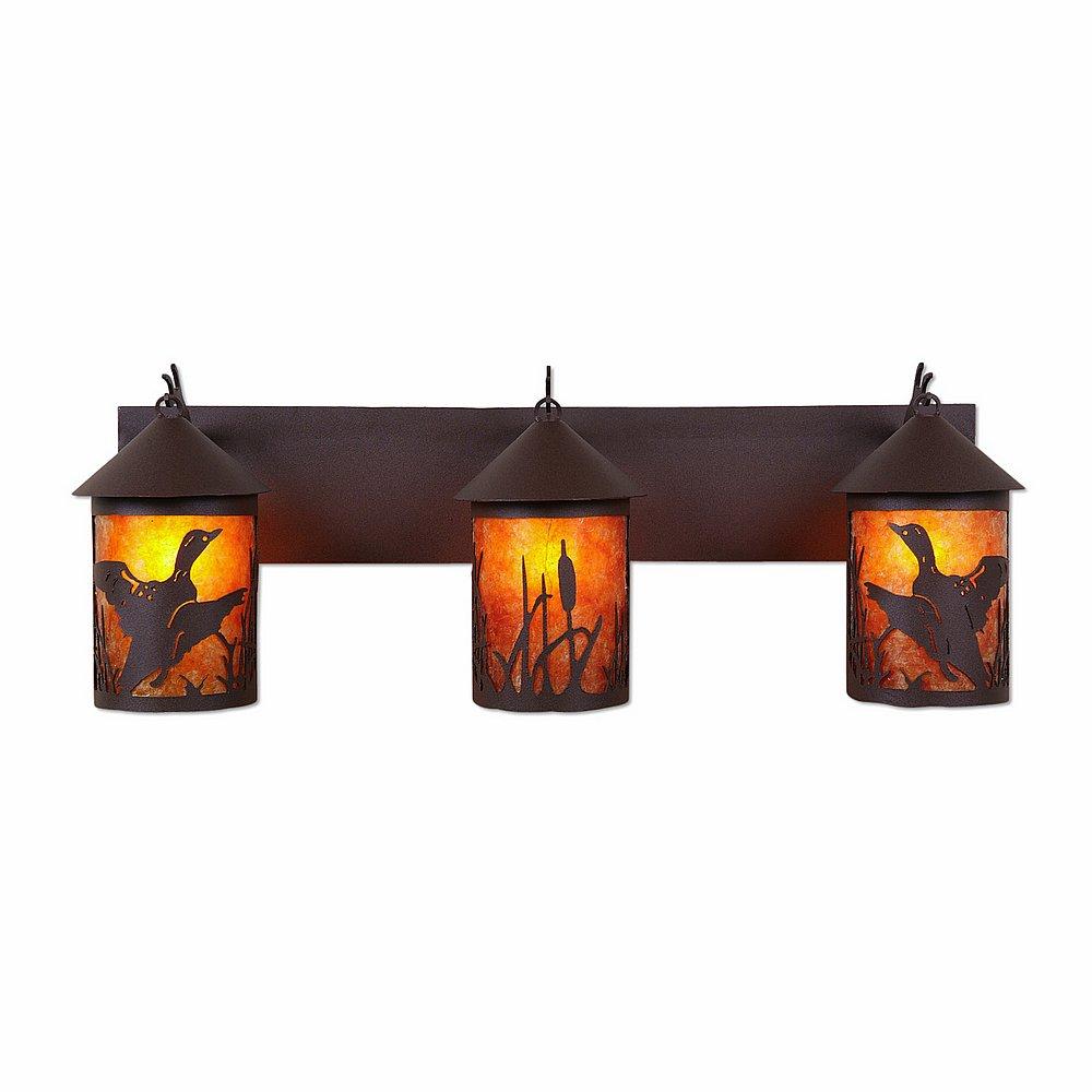 Cascade Triple Bath Vanity Light - Loon - Amber Mica Shade - Rustic Brown Finish