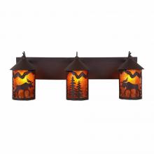 Avalanche Ranch Lighting M38327AM-27 - Cascade Triple Bath Vanity Light - Mountain Moose - Amber Mica Shade - Rustic Brown Finish