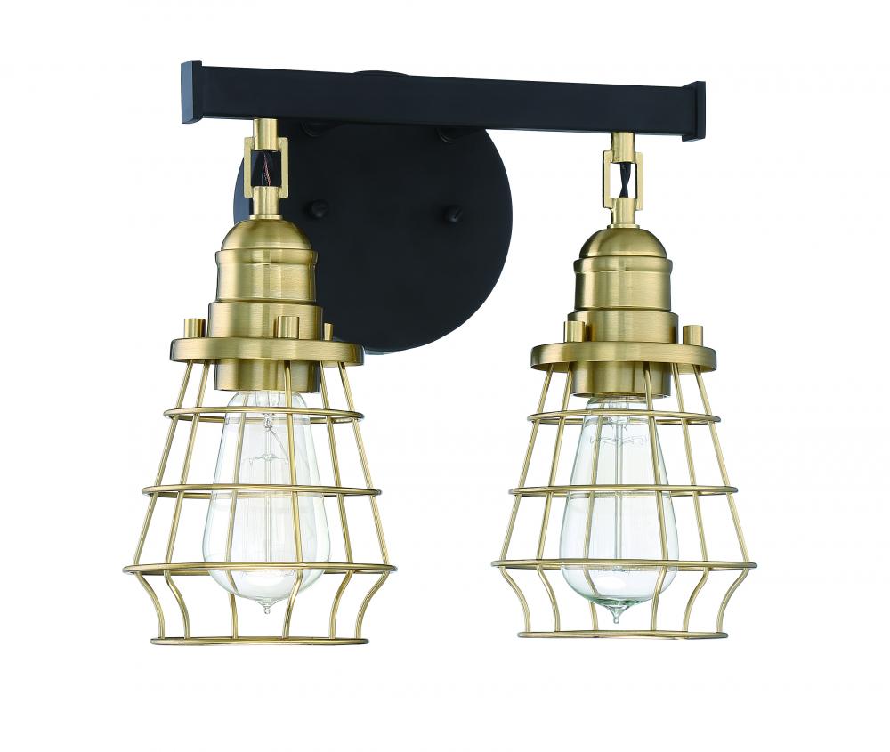 Thatcher 2 Light Vanity in Flat Black/Satin Brass