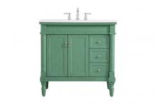 Elegant VF13036VM-VW - 36 Inch Single Bathroom Vanity in Vintage Mint with Ivory White Engineered Marble